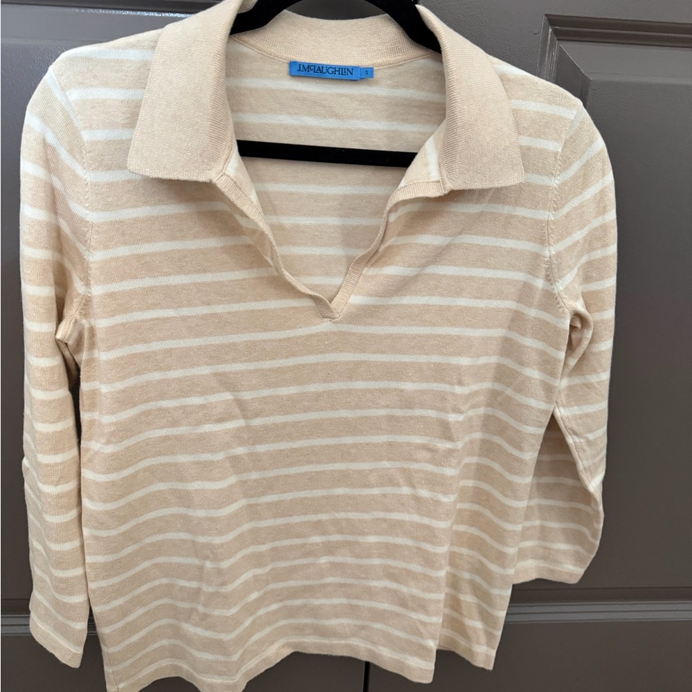 J. McLaughlin Beige and White Striped Long Sleeve Polo Top